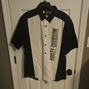 Harley-Davidson Black & Cream Short Sleeve Button-Down with Vertical Logo